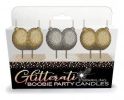Glitterati Boobie Candle Set contains 3 pairs of gold and silver boobies